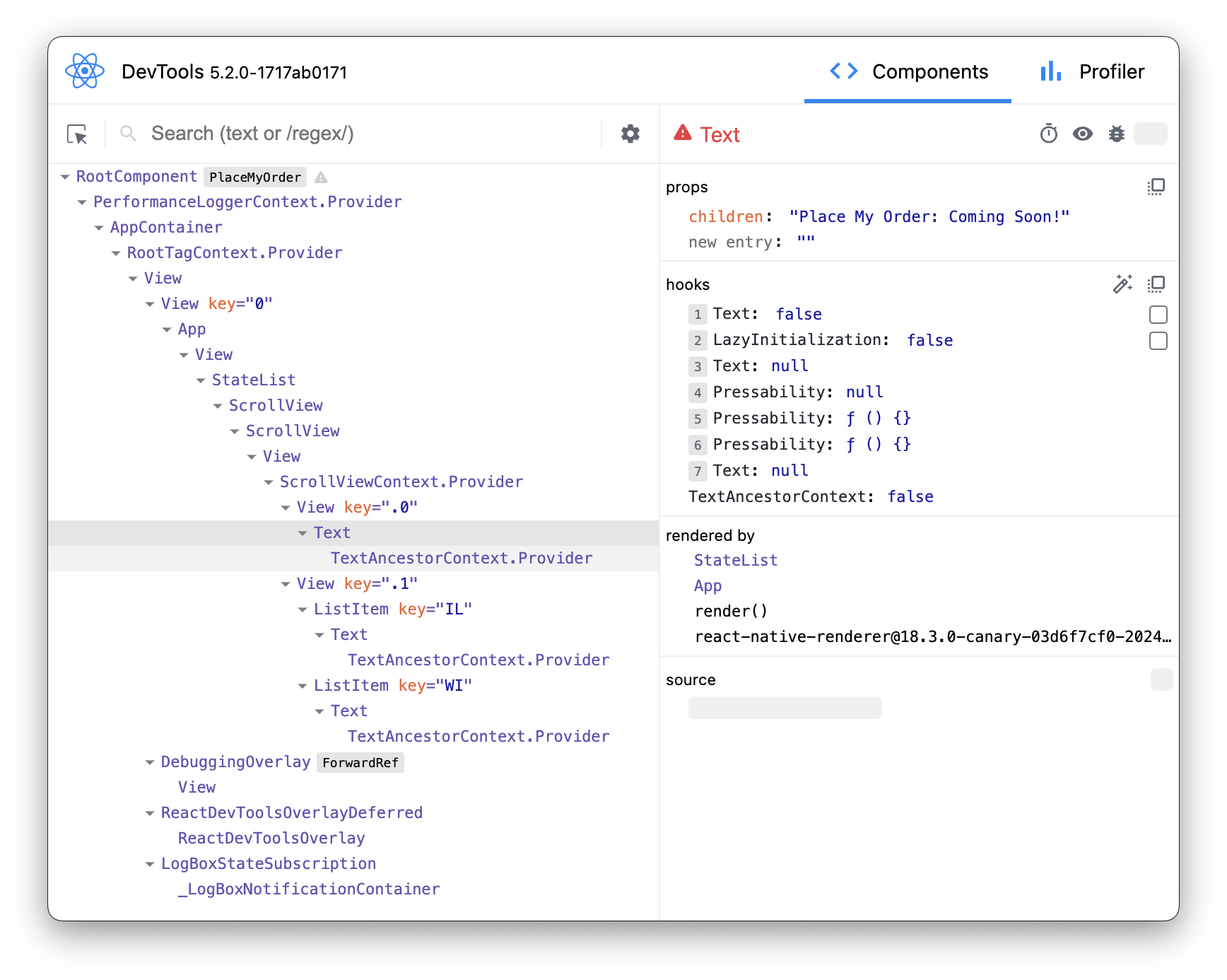 Screenshot of React DevTools inspecting a component tree. It shows a structured hierarchy of all the components in the view. There is also a Profiler tab.