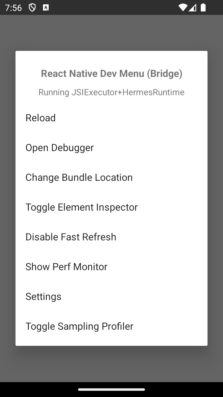 Screenshot of the emulator displaying the React Native Developer Menu. The screen lists various options like Reload, Open Debugger, Change Bundle Location, Show Element Inspector, Disable Fast Refresh, Show Perf Monitor, Settings, and Enable Sampling Profiler.