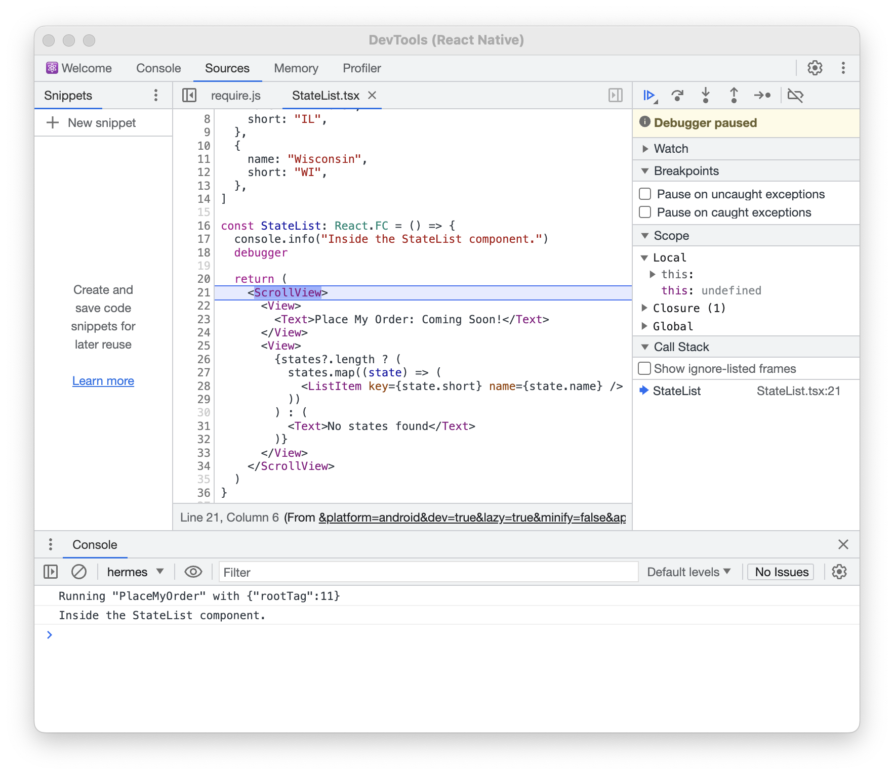 Screenshot of the React Native JavaScript Inspector interface. It includes common DevTools tabs such as Console, Sources, Memory, and Profiler.