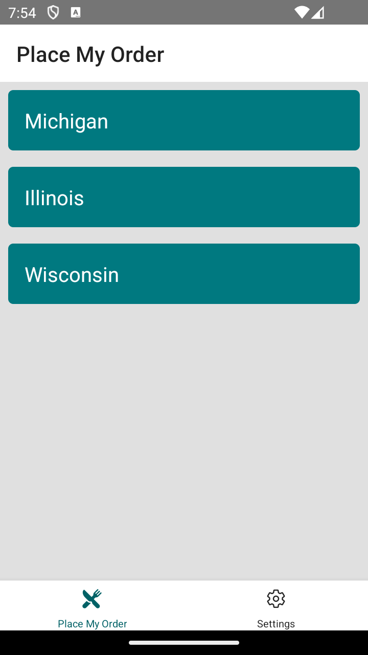 Screenshot of the application when it makes an API call to the states endpoint and is populated the list of states.