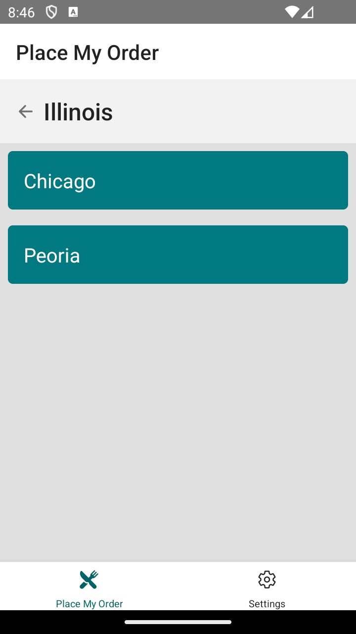 Screenshot of the application when it makes an API call to the cities endpoint and is populated the list of cities.