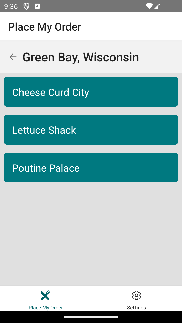 Screenshot of the application when it makes an API call to the restaurants endpoint and is populated the list of restaurants.