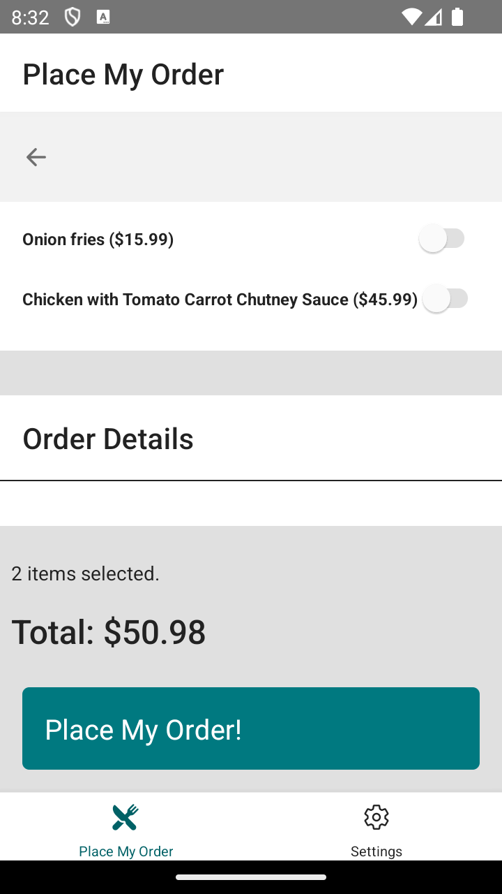 Screenshot of the bottom of the application restaurant order page.