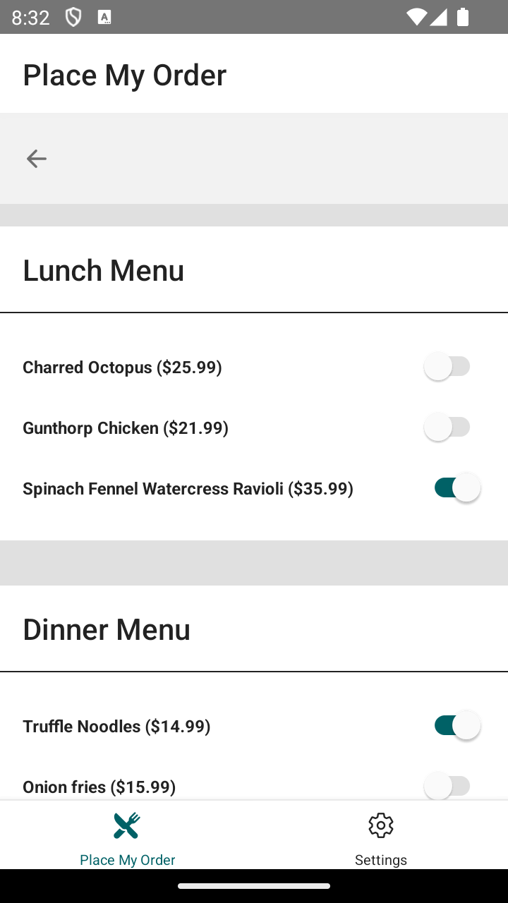 Screenshot of the top of the application restaurant order page.