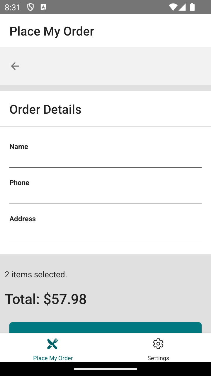 Screenshot of the bottom of the application restaurant order page.