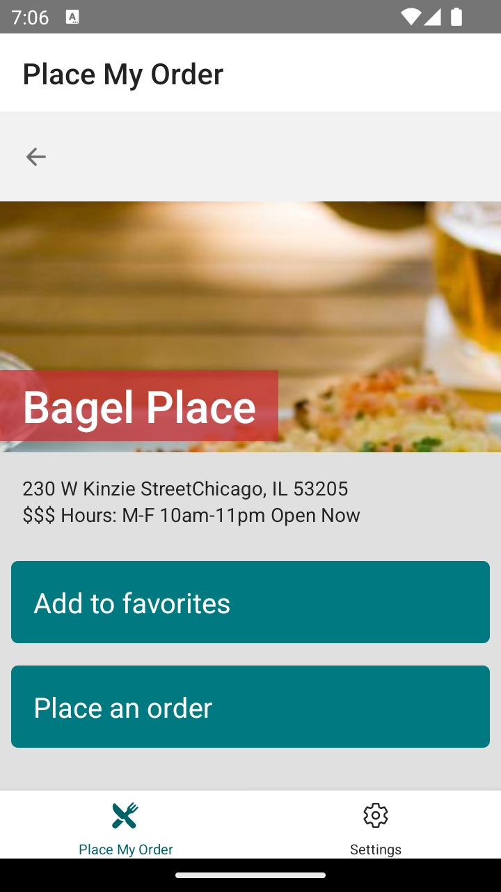 Screenshot of the application's Restaurant Details screen displaying the add favorite button.