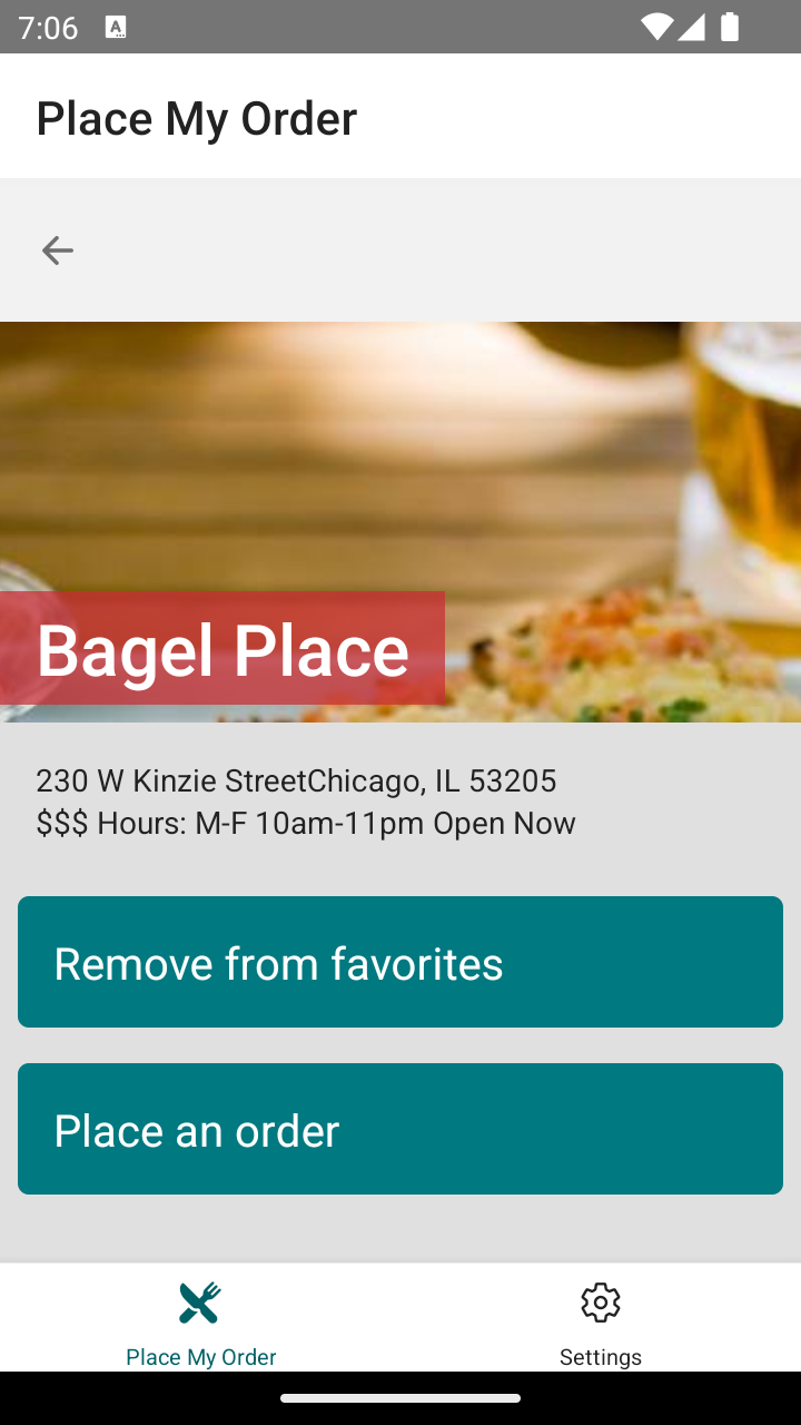 Screenshot of the application's Restaurant Details screen displaying the remove favorite button.