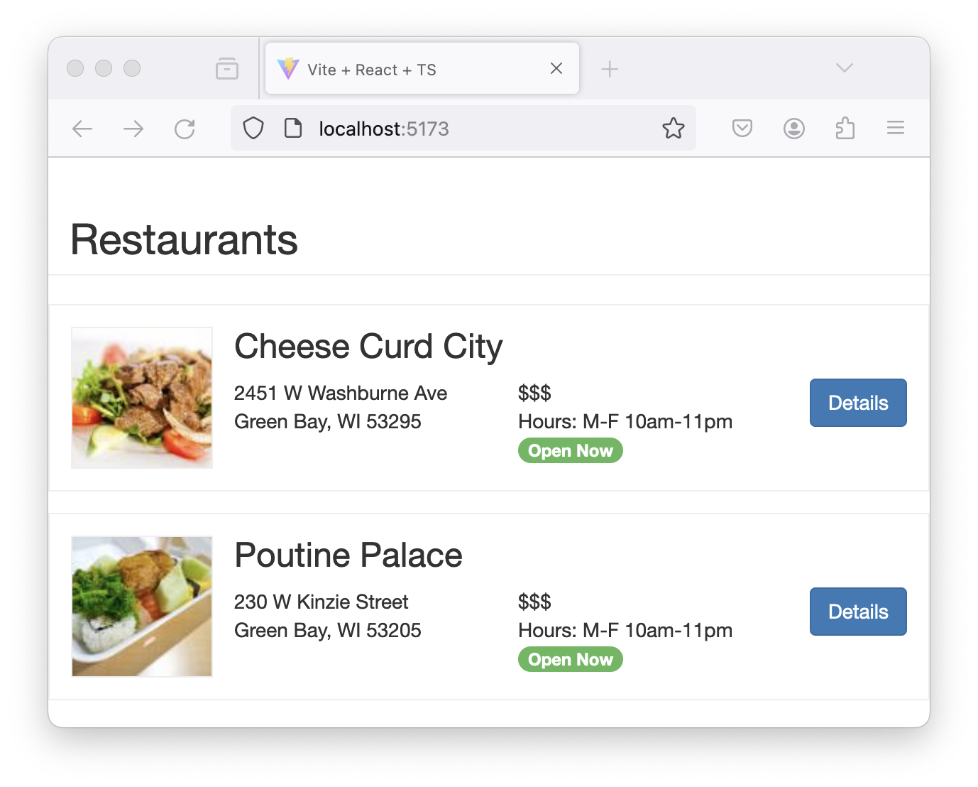 Screenshot of the same web application interface from Objective 1, except now there are multiple restaurants listed in the UI.