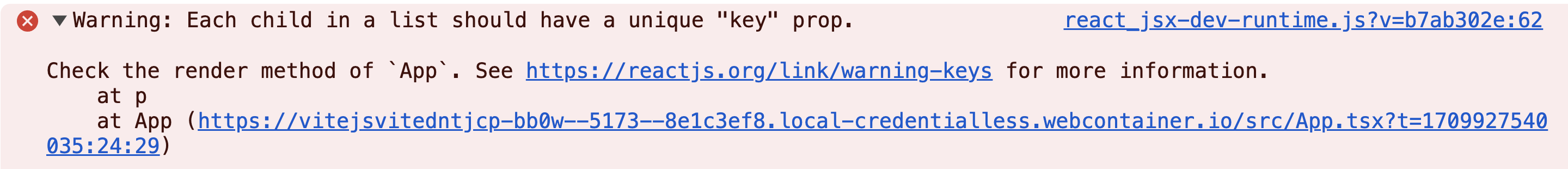 A browser console with the error message 'Warning: Each child in a list should have a unique 'key' prop.