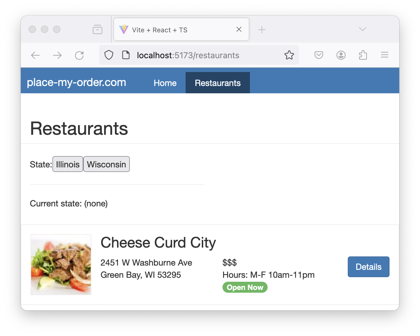A web page titled “Restaurants” from place-my-order.com showing two buttons labeled “Illinois” and “Wisconsin”. There is also a “Current state” paragraph that shows that no state is selected.