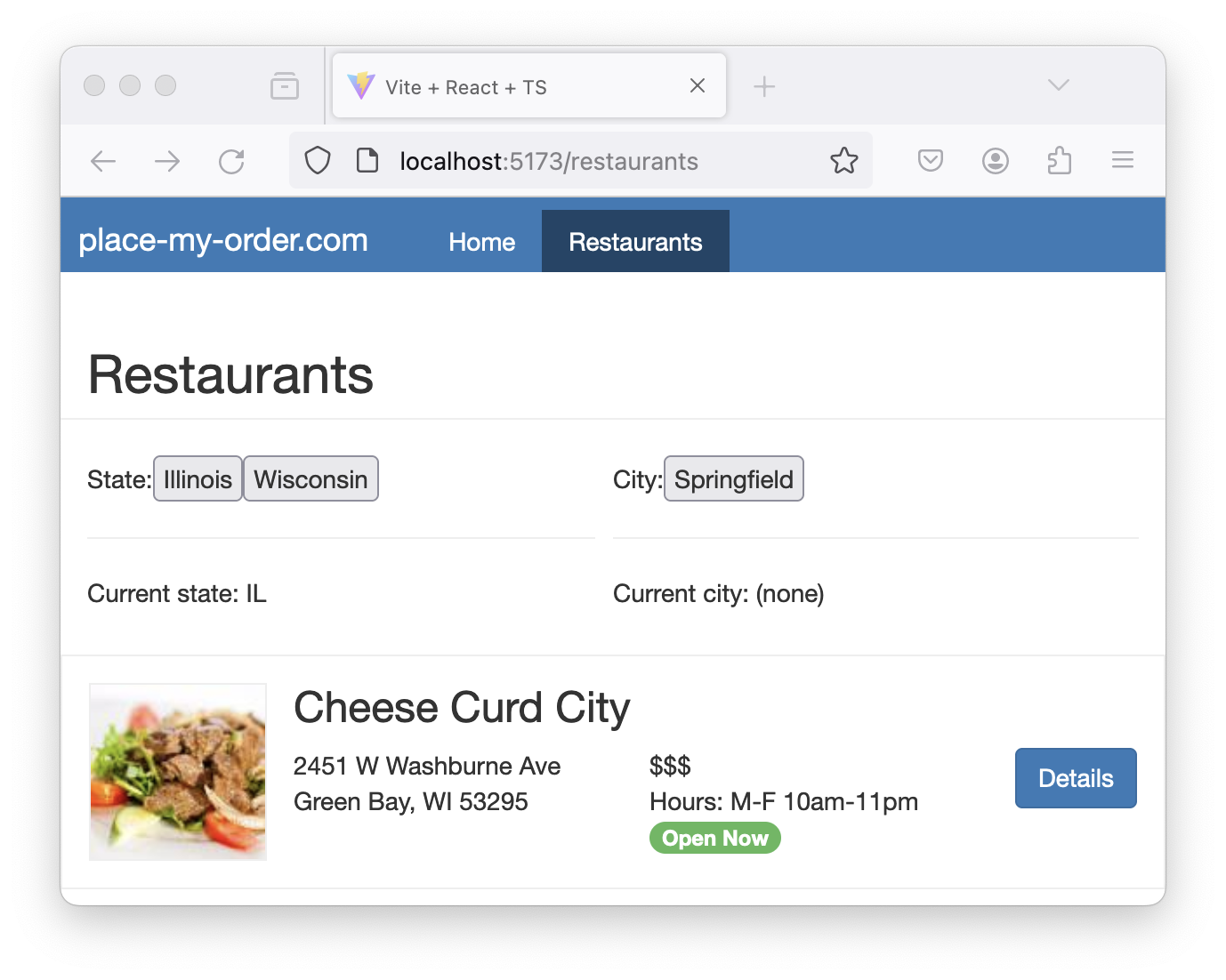 The same “Restaurants” web page from before, but this time the “Current state” is “Illinois” and there is a button for selecting “Springfield” as the city. The “Current city” is currently “none.”