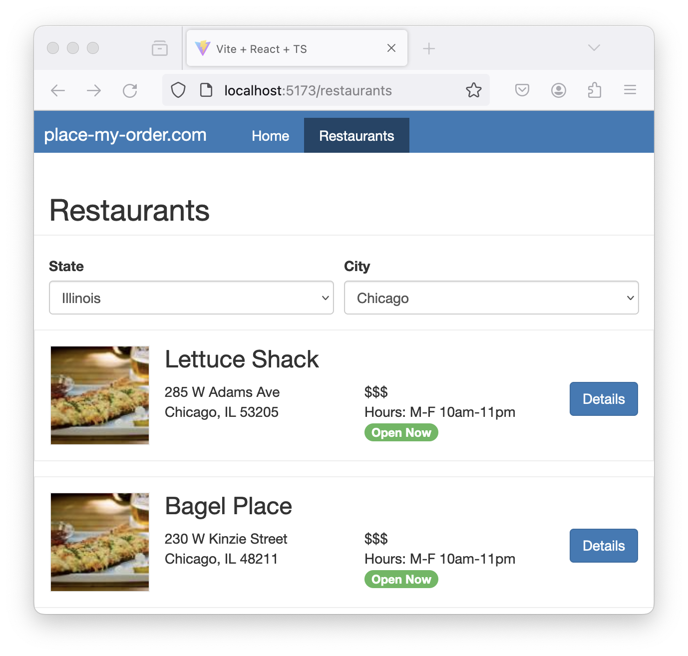 A web page titled “Restaurants” from place-my-order.com showing that “Illinois” and “Chicago” are selected. Underneath the dropdowns is a list of restaurants that are in Chicago.