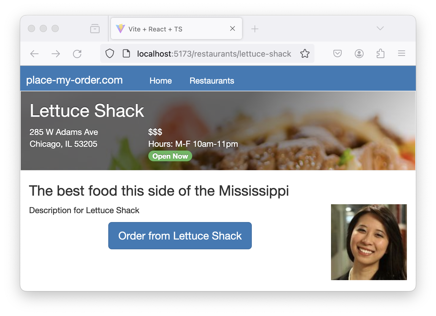 Screenshot of the Place My Order app with a nested route, displaying the “/restaurants/lettuce-shack” URL in the browser’s address bar.