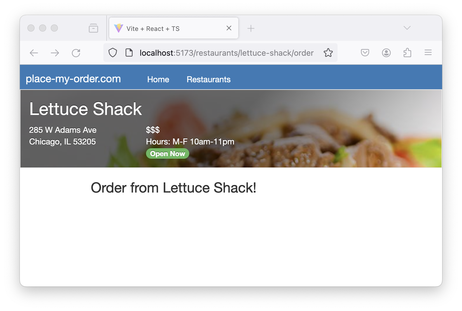 Screenshot of the Place My Order app with a nested route, displaying the “/restaurants/lettuce-shack/order” URL in the browser’s address bar.